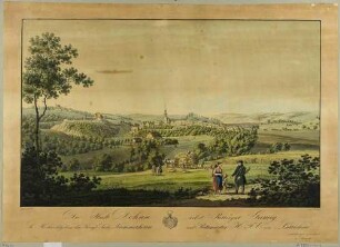 Die Stadt Dohna, südöstlich von Dresden mit der Marienkirche und dem Burgberg, im Hintergrund links das Rittergut Gamig