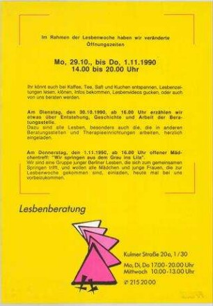 Geänderte Öffnungszeiten während der Lesbenwoche