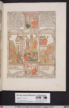 Drei biblische Szenen umgeben von vier Propheten. Links Engel erscheinen Abraham, mittig die Verklärung Christi und rechts drei Männer im Feuerofen, dahinter König Nebukadnezar.