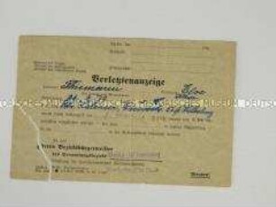 Bescheinigung über eine erlittene Verletzung infolge eines Luftangriffes