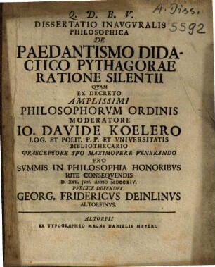 Dissertatio Inauguralis Philosophica De Paedantismo Didactico Pythagorae Ratione Silentii