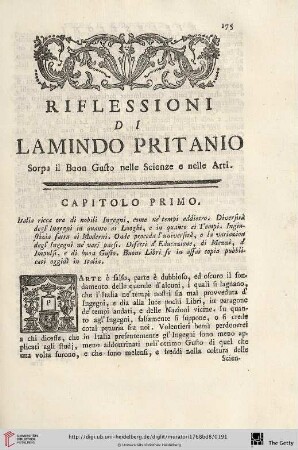 Riflessioni di Lamindo Pritanio. Sorpa il Buon Gusto nelle Sienze e nelle Arti