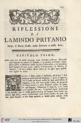 Riflessioni di Lamindo Pritanio. Sorpa il Buon Gusto nelle Sienze e nelle Arti