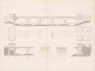 Elbbrücke, Wittenberge: Grundriss, Ansicht, Längsschnitte, Querschnitte (aus: Atlas zur Zeitschrift für Bauwesen, hrsg. v. G. Erbkam, Jg. 4, 1854)