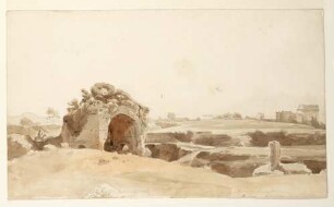 Rom, Grotte der Egeria, im Hintergrund das Grabmal der Cecilia Metella an der Via Appia antica