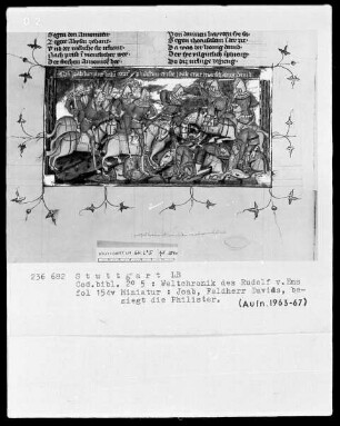 Weltchronik des Rudolf von Ems — Joab als Feldherr Davids besiegt die Philister, Folio 154verso