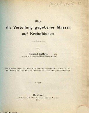 Über die Verteilung gegebener Massen auf Kreisflächen