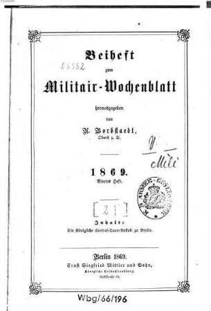Militär-Wochenblatt. Beiheft : unabhängige Zeitschr. für d. dt. Wehrmacht. 1869, 1869