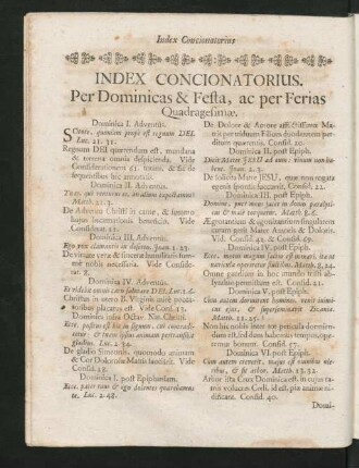 Index Concionatorius. Per Dominicas & Festa, ac per Ferias Quadragsimae.