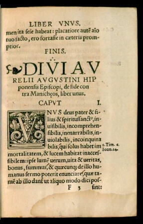 Divi Aurelii Augustini Hipponensis Episcopi, de fide contra Manichaeos, liber unus.