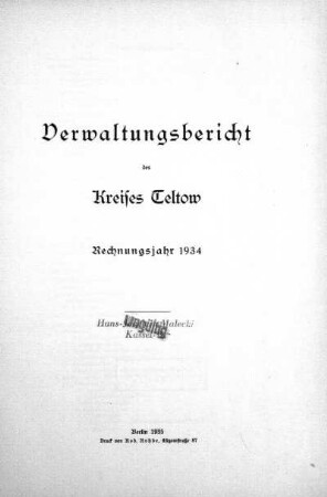 1934: Verwaltungsbericht des Kreises Teltow : Rechnungsjahr ...