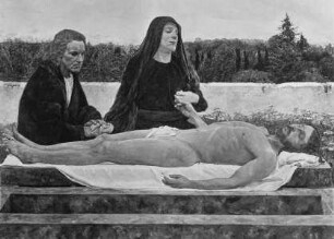 Pietà: Maria und Johannes trauernd am Leichnam Christi