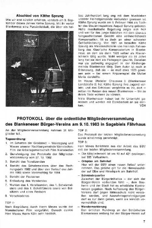 Protokoll über die ordentliche Mitgliederversammlung des Blankeneser Bürger-Vereins am 9.10.1983 in Sagebiels Fährhaus