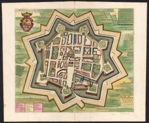 Stadtplan von Mirandola, Italien, kolorierter Kupferstich, ca. 1730 : Mirandole Dans la Lombardie : Avec Privil. / Par Pierre Mortier. - Amsterdam : Pierre Mortier, s.a. [ca. 1730]. - 1 Plan : Kupferstich ; 45 x 52 cm. - Titel oben links. - Mit Gebäudeverz.