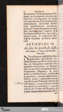 Articulus II. An sola Scriptura sit sufficiens Regula, & Judex controversiarum fidei.