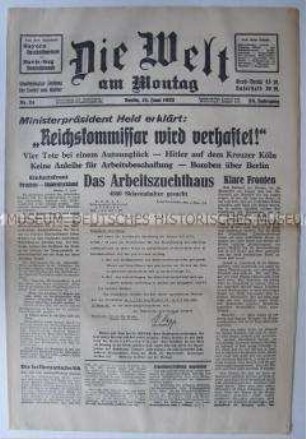 Wochenzeitung "Die Welt am Montag" u.a. zum Vorhaben der Nazis, die Arbeitsdienstpflicht einzuführen
