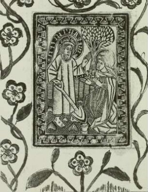 Noli me tangere : Noli me tangere, Schrotblatt mit farbig gehöhten Blumenranken, unbekannter Künstler, Mitte 15. Jahrhundert