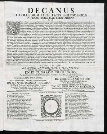 Decanus Et Collegium Facultatis Philosophicae In Perantiqua Hac Eberhardina L. S.