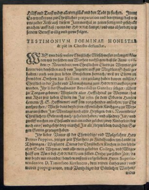 Testimonium Foeminae Honestae & pie in Christo defunctae.