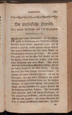 Die unglückliche Heirath. Eine wahre Geschichte aus dem Englischen.