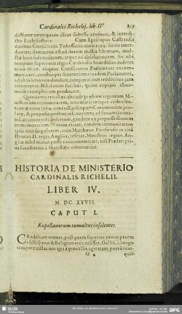 Historia De Ministerio Cardinalis Richelii. Liber IV. M. DC. XXVII