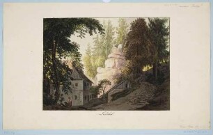 Haus, Felsen, Wald und Weg in Liebethal bei Lohmen in der Sächsischen Schweiz (Lochmühle?)