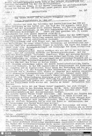Information zum "Neuen Forum" und anderen illegalen oppositionellen Gruppierungen in der DDR
