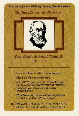 Taschenkalender "Berühmte Lehrer und Absolventen - Professor Adolph Ferdinand Weinhold 1841-1917", 1987