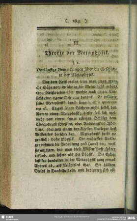 III. Theorie der Metaphysik