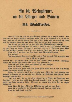Flugblatt zur Reichstagswahl gegen den Kandidaten Härle und Flugblatt mit Wahlaussagen des Kandidaten von Ellrichshausen