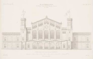 Niederschlesisch-Märkischer Bahnhof (Schlesischer Bahnhof, Ostbahnhof), Berlin: Ansicht von Westen und Schnitt durch den Schiebebühnenhof (aus: Atlas zur Zeitschrift für Bauwesen, hrsg. v. G. Erbkam, Jg. 20, 1870)