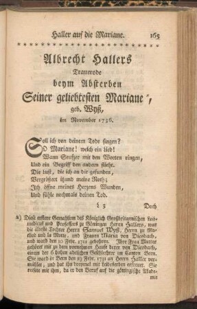 Albrecht Hallers Trauerrede beym Absterben Seiner geliebtesten Mariane, geb. Wytz, im November 1736