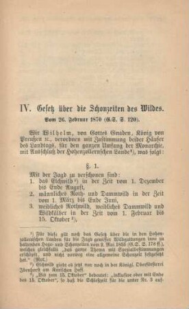 IV. Gesetz über die Schonzeiten des Wildes. Vom 26. Februar 1870.