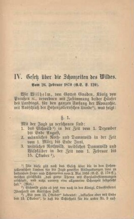 IV. Gesetz über die Schonzeiten des Wildes. Vom 26. Februar 1870.