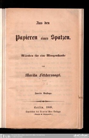 Aus den Papieren eines Spatzen : Märchen für eine Morgenstunde