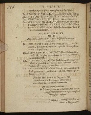 Viris Magnificis, Nobilissimis [...] Dn. Vincentio Mollero [...] Dn. Hieronymo Voglero [...] Dn. Sebastiao a Bergen [...] Dn. Vincentio Mollero [...]