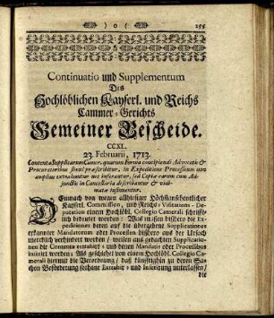 Continuatio und Supplementum Des Hochlöblichen Kayserl. und Reichs Cammer-Gerichts Gemeiner Becheide.