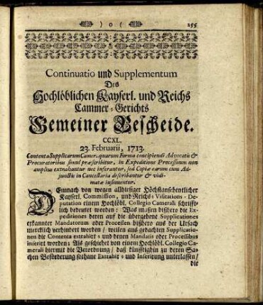 Continuatio und Supplementum Des Hochlöblichen Kayserl. und Reichs Cammer-Gerichts Gemeiner Becheide.