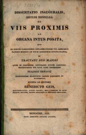 Diss. inaug. sistens nonnulla de viis proximis ad organa intus posita, quae in eorum passionibus inflammatoriis vel similibus patent medico in usum sanguinis evacuationis