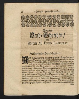 Zweytes Send-Schreiben, An Herrn M. Enno Lamberti.