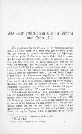 Aus einer geschriebenen Berliner Zeitung vom Jahre 1713