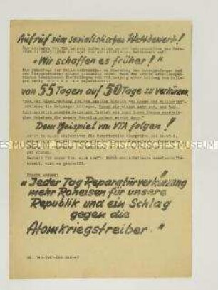 Hektografiertes Propagandaflugblatt aus dem Eisenhüttenkombinat Ost mit einem Aufruf zum sozialistischen Wettbewerb