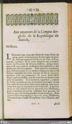 Aux amateurs de la Langue Angloise de la Republique de Zurich