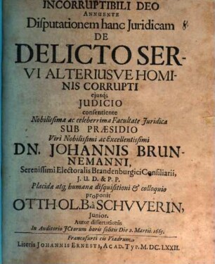 Disp. iur. de delicto servi alteriusve hominis corrupti, eiusque iudicio
