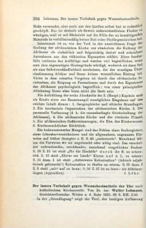 294-295 [Rezension] Lohmann, Walter, Der innere Vorbehalt gegen Wesensbestandteile der Ehe nach katholischem Kirchenrecht