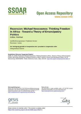 Rezension: Michael Neocosmos: Thinking Freedom in Africa - Toward a Theory of Emancipatory Politics