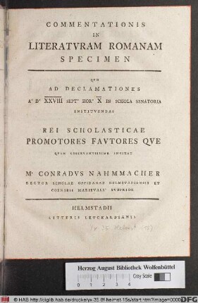 Commentationis In Literatvram Romanam Specimen