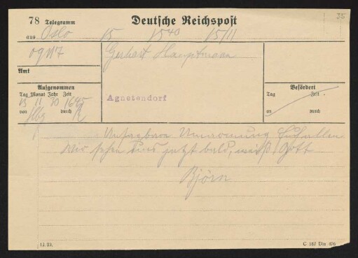 Brief von Bjørn Bjørnson an Gerhart Hauptmann