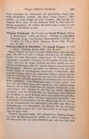 183-184 [Rezension] Weigert, Joseph, Religiöse Volkskunde