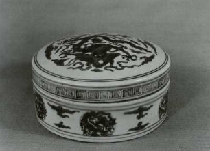 Runde Dose mit flachem Deckel mit "Donnermuster" und Drache